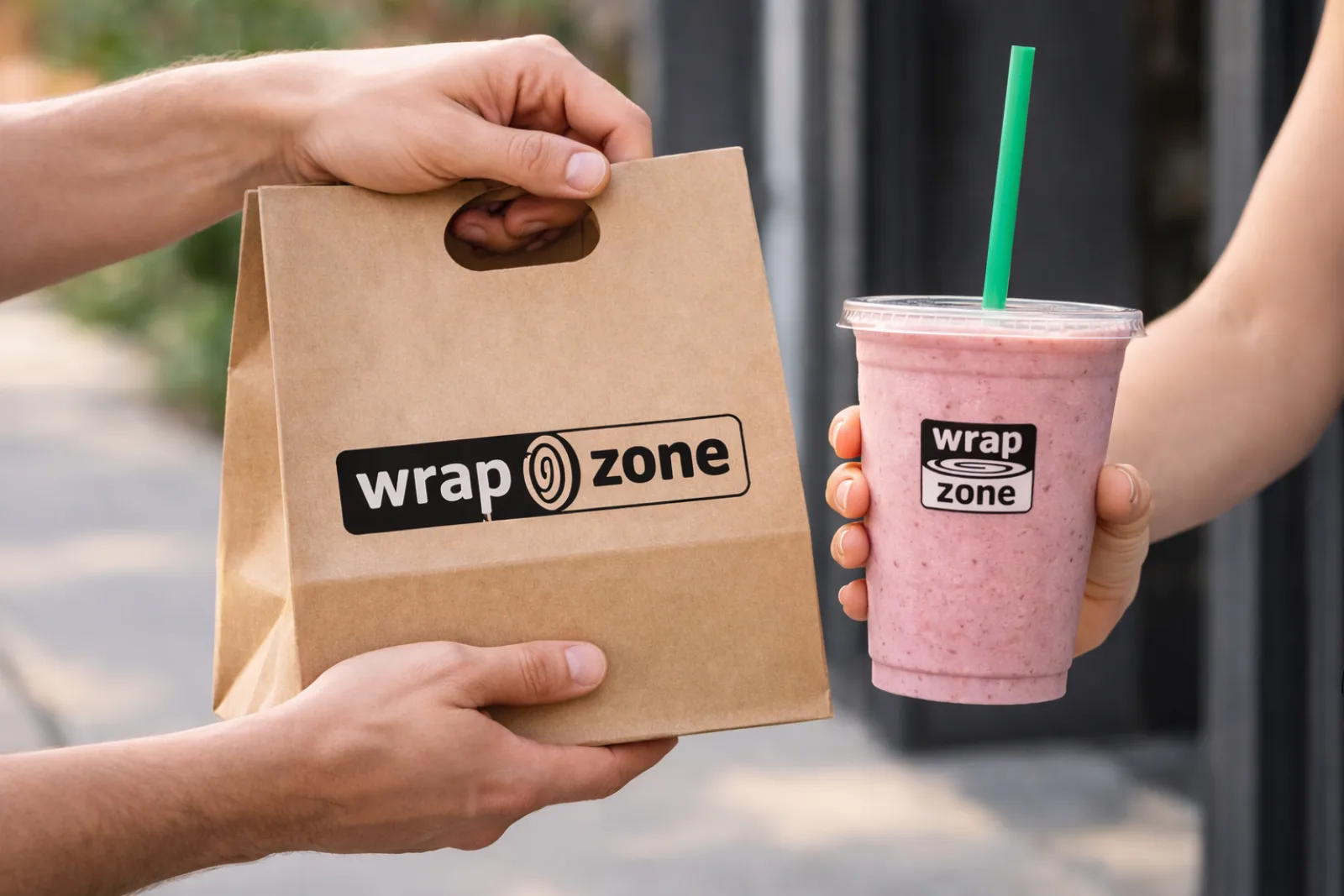 WrapZone takeout bag and smoothie handed over at pickup